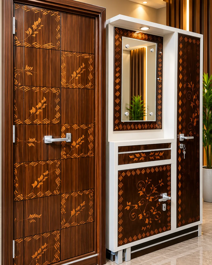 Walnut leaf-inlay door and matching cabinet made by Guru Nanak Furniture