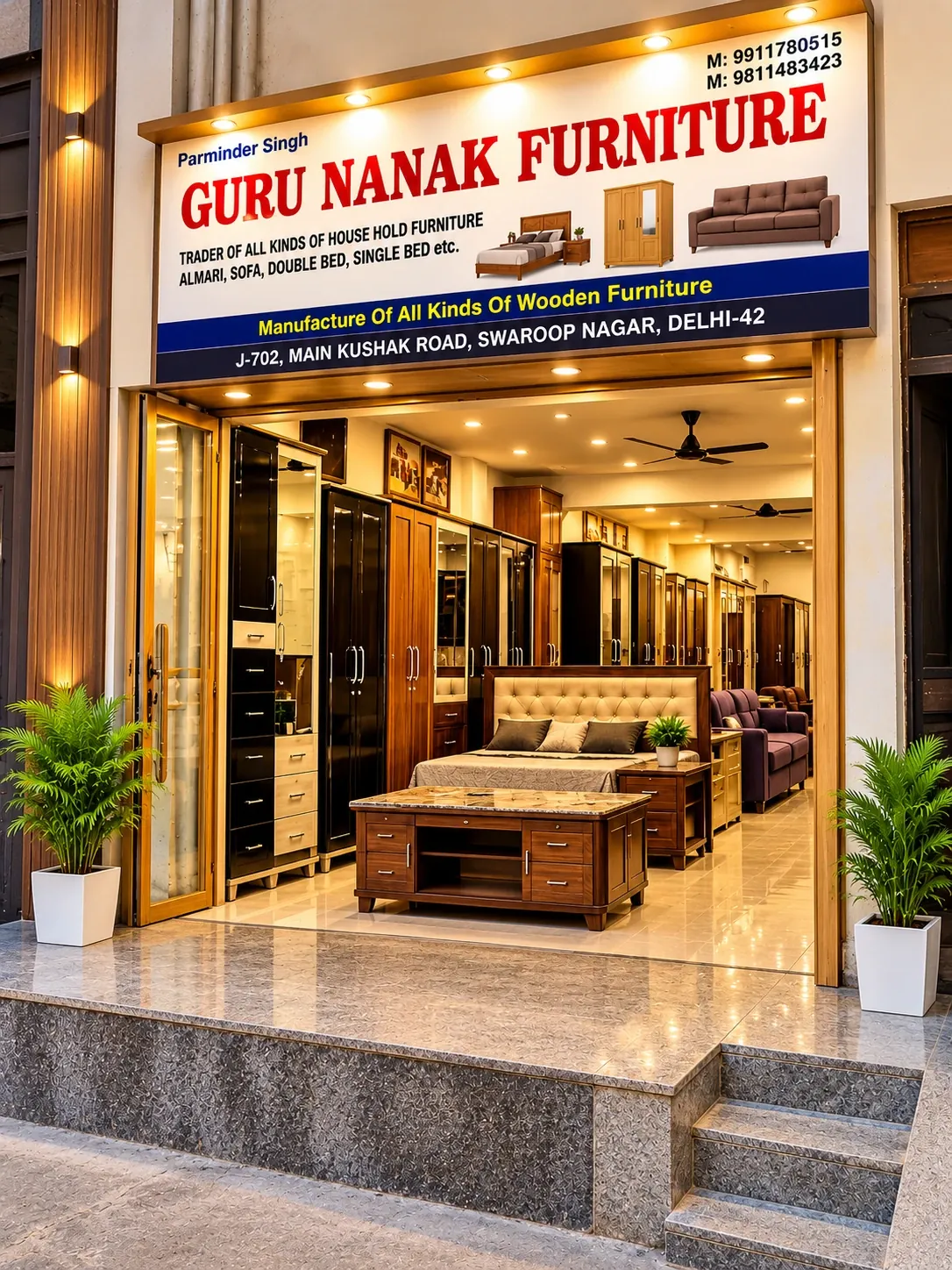Guru Nanak Furniture store front on Main Kushak Road, Swaroop Nagar