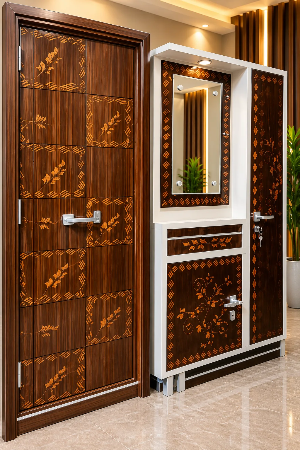Walnut Leaf-Inlay Cabinet with Mirror