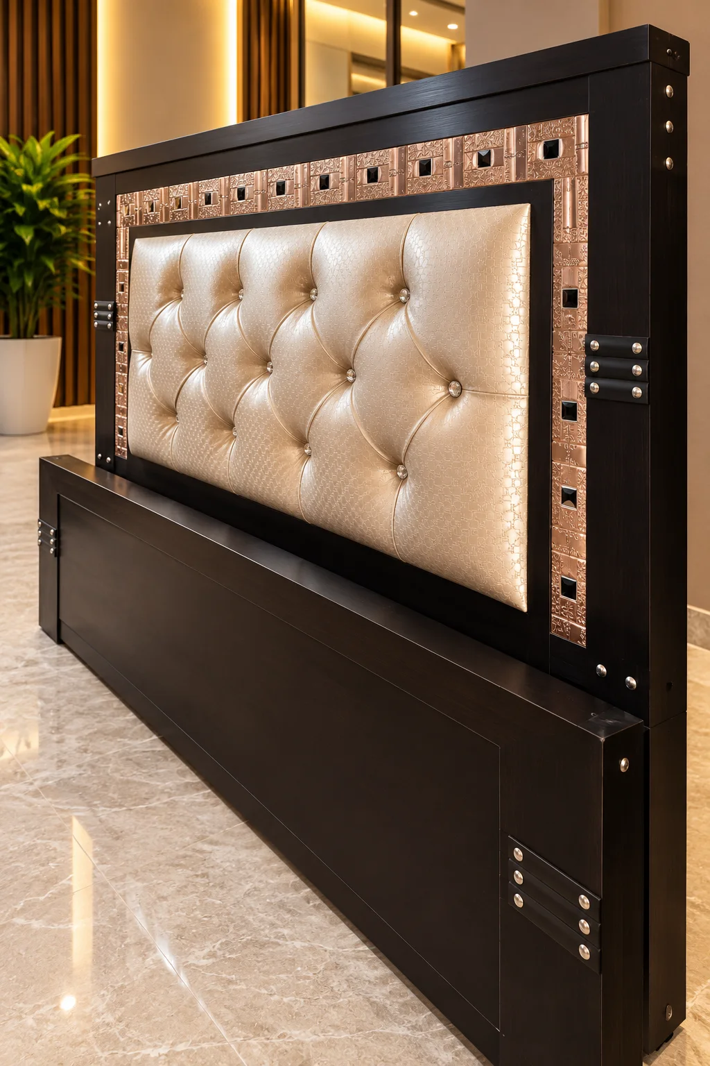 Espresso Double Bed with Pearl Tufted Headboard