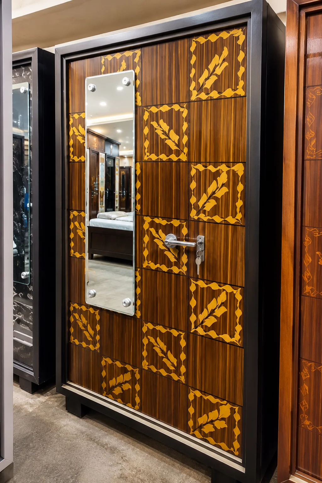 Leaf-Inlay Wardrobe with Mirror