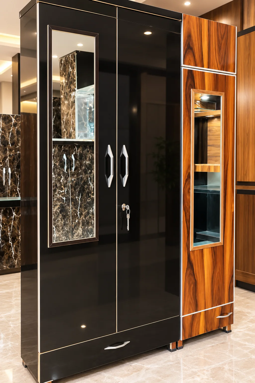 Black Gloss Wardrobe with Marble-Look Mirror Panel